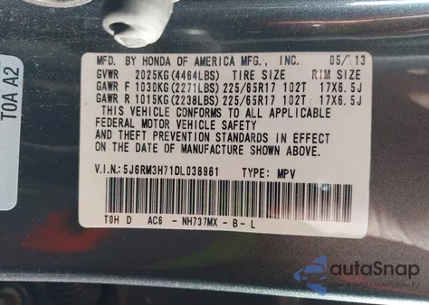 2013 Honda Cr-V Ex-L z USA, uszkodzony, nr VIN 5J6RM3H71DL038981